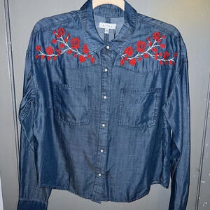 K/LAB chambray button down shirt with embroidered accent in red. Open back!